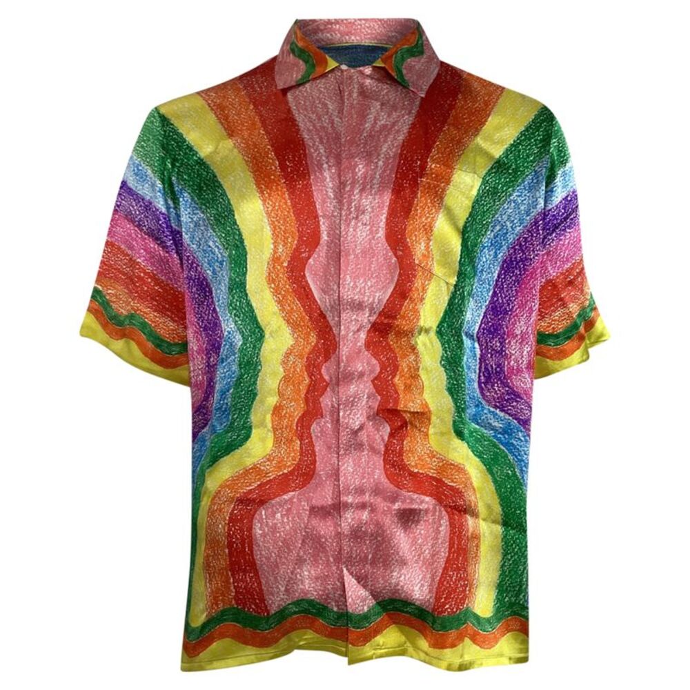Casablanca Rainbow Print Short Sleeve Shirt in Multicolor Silk